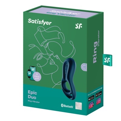 Embalagem verde de um vibrador em anel azul da marca Satisfyer Epic Duo
