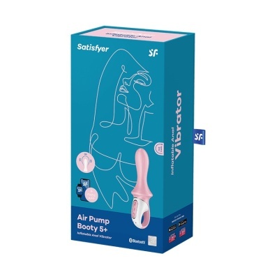 Caixa azul com vibrador rosa inflável Air Pump Booty 5+ da Satisfyer