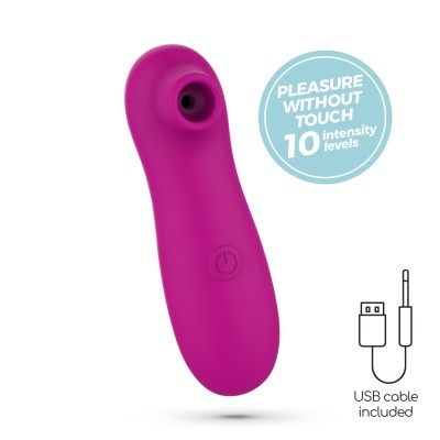 Vibrador roxo com botão e abertura circular, cabo USB incluído, selo azul com texto em inglês