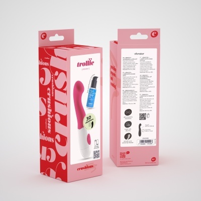 Embalagem de vibrador Trollie rosa e branco, frente e verso, com texto e design vermelho e rosa