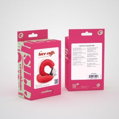 Embalagem rosa de algemas de pelo vermelhas 'love cuffs' com texto e instruções