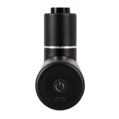 Dispositivo eletrônico cilíndrico preto com botão de energia e porta USB-C