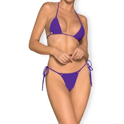 Biquini feminino roxo com sutiã triangular e calças com laços