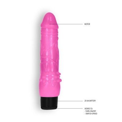 Vibrador rosa texturizado com indicação de motor, pilhas AA e instruções de uso
