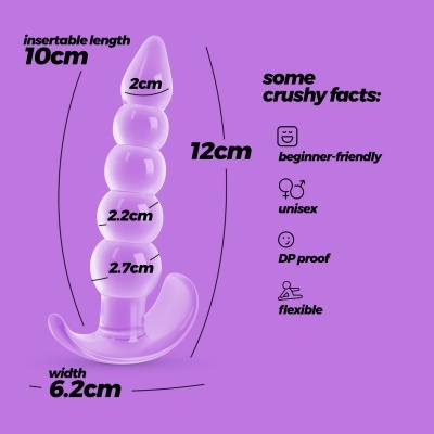 acessório roxo comprido com várias medidas e texto explicativo num fundo roxo