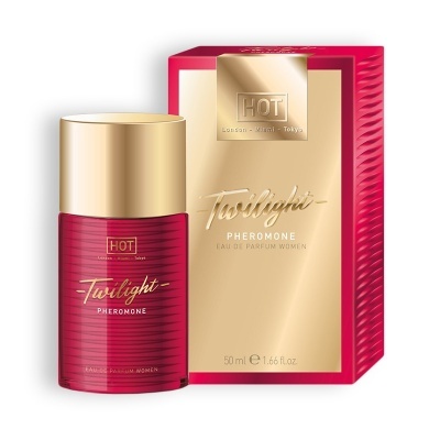 Frasco vermelho e dourado de perfume e caixa correspondente