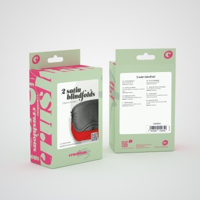 Caixa de embalagem para 2 máscaras de dormir em cetim preto com texto e design colorido