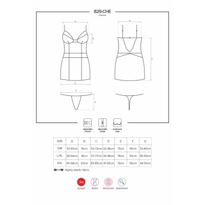 Esquema técnico de vestido e tanga ajustáveis em tecido elástico com medidas e símbolos de características.