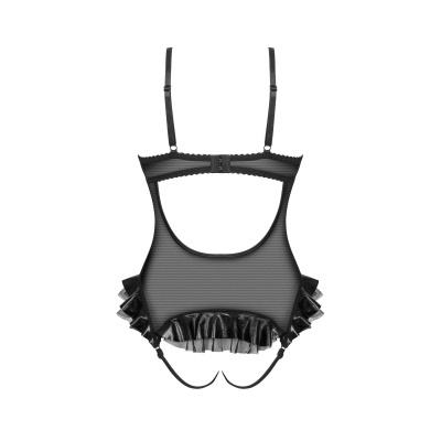 Top feminino preto de malha transparente com alças ajustáveis e babados
