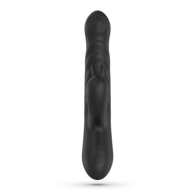 Vibrador preto com textura lisa e acessórios para estimulação