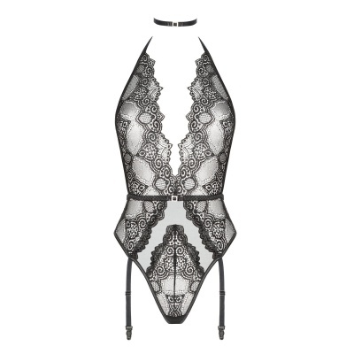 Body feminino em renda preta com padrão floral e decote em V profundo.