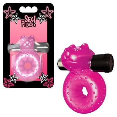 Anel vibratório rosa com cabeça de gato e controle preto em embalagem rosa e preta