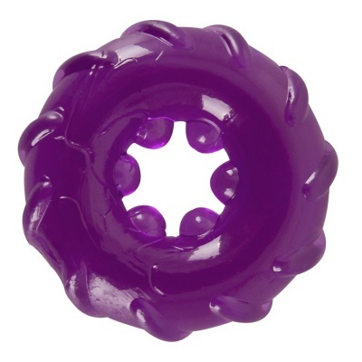 Anel roxo translúcido de silicone com textura ondulada e protuberâncias internas