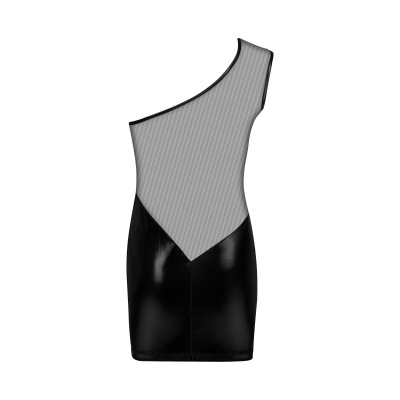 Vestido curto preto e cinzento de um ombro com diferentes texturas.