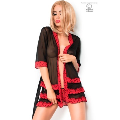 Kimono feminino transparente preto com detalhes vermelhos e corações