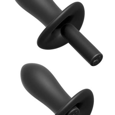 Dois plugs anais pretos com base larga oval e textura lisa