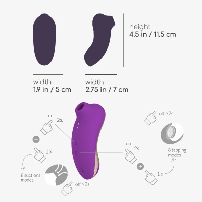 Dispositivo roxo com dimensões e modos de funcionamento demonstrados