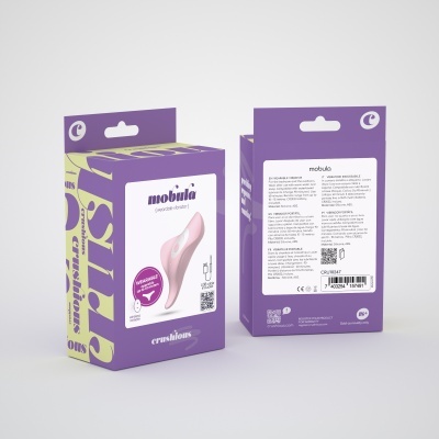 Embalagens do produto mobula da crushions em roxo, branco e amarelo