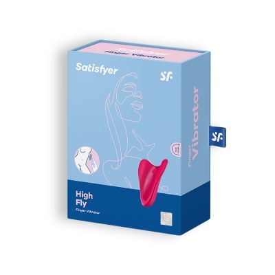 Embalagem azul e rosa Satisfyer com vibrador de dedo vermelho