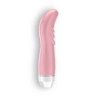 Vibrador cor-de-rosa com design curvo e base branca
