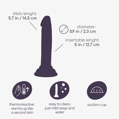 Dildo cinza escuro com dimensões e características técnicas indicadas e ícones explicativos