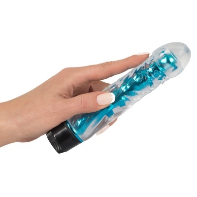 Vibrador azul transparente com padrão interno ondulado e base preta