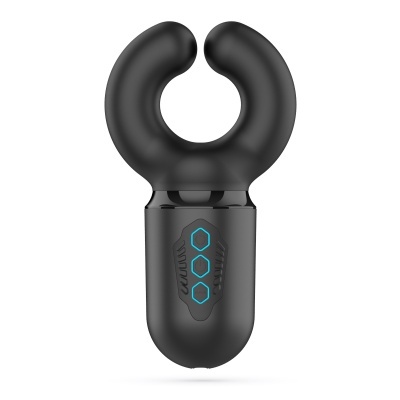 Dispositivo preto em forma de U com três ícones azuis no centro