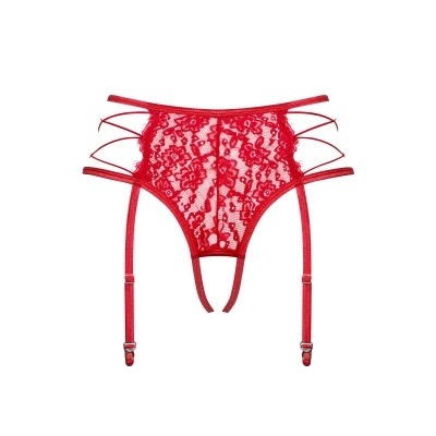 Liguero vermelho em renda floral transparente com tiras finas laterais