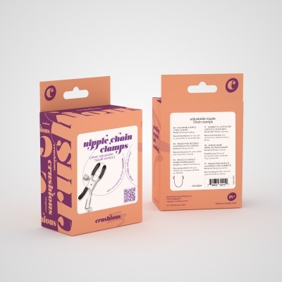 Embalagem de clamps para mamilos ajustáveis em metal prateado com texto em roxo e branco