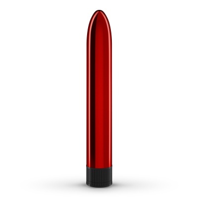 Vibrador cilíndrico vermelho metálico com base preta