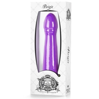 Dildo roxo em embalagem branca com texto e brasão decorativo