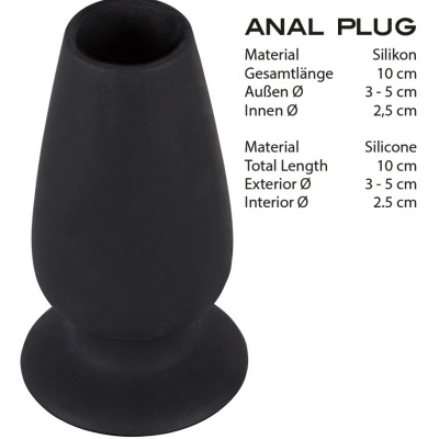 Plug anal preto de silicone com especificações de tamanho e material