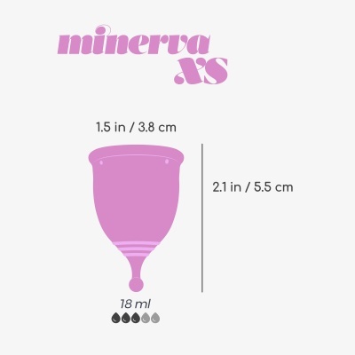 Copo menstrual rosa com texto Minerva XS e medidas