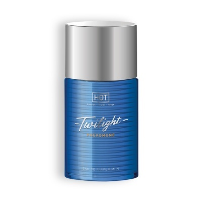 Frasco azul de perfume para homem com tampa prateada e texto Twilight Pheromone