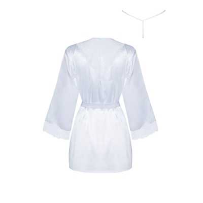 Robe curto branco de cetim com cinto e mangas largas com renda, visto de costas