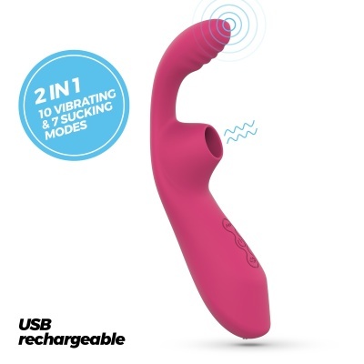 Vibrador rosa curvo de silicone com botões e indicação de modos vibratórios e sucção.