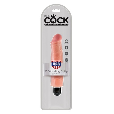 Vibrador realista cor de pele em embalagem transparente com texto KING COCK