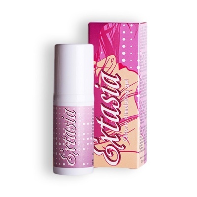 Frasco e embalagem rosa do produto Extasia com imagem de mulher e texto destacado