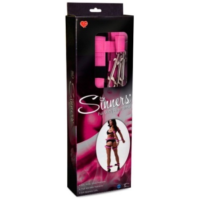 Embalagem do produto Sinners Fun Body Restraints com tiras rosas e presilhas metálicas