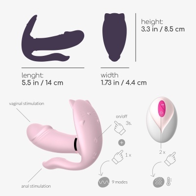 Vibrador cor-de-rosa em forma de gato com controle remoto branco e rosa para estimulação vaginal e anal