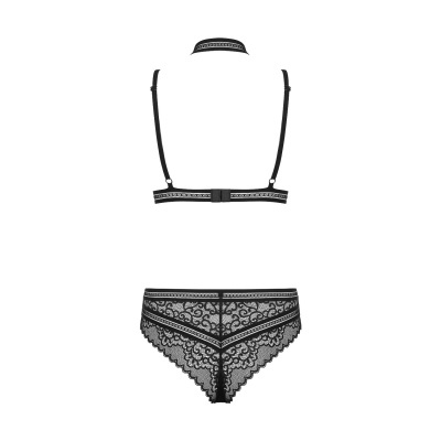 Conjunto de lingerie preto em renda com detalhes florais e faixa no pescoço