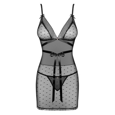 Conjunto de lingerie preta translúcida com padrão de corações e laços.