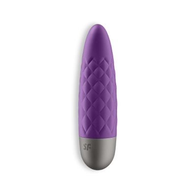 Vibrador pequeno roxo com base metálica cinzenta e textura em relevo