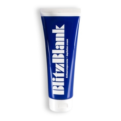 Frasco tubo de creme dental azul BlitzBlank com texto branco em fundo branco
