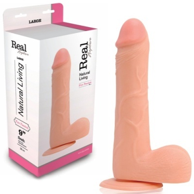 Vibrador realista cor de pele com caixa branca e rosa