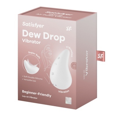 Caixa rosa com vibrador branco Satisfyer Dew Drop Vibrator e textos descritivos