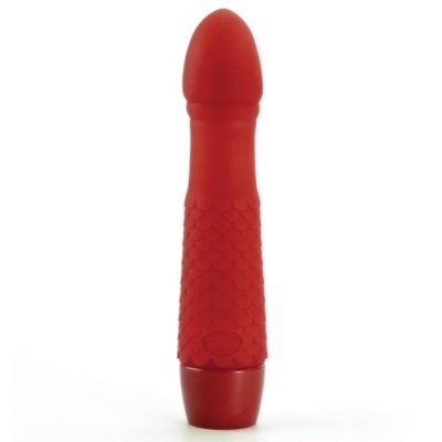 Vibrador vermelho texturizado com padrão de escamas e base lisa
