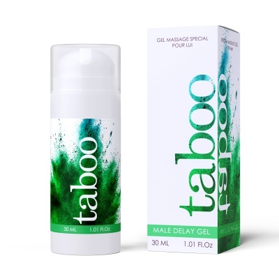 Gel massageador 'taboo' com embalagem branca e verde e caixa com texto