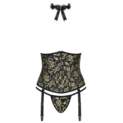 Conjunto de lingerie preto com padrão floral dourado, corpete, tanga e gargantilha