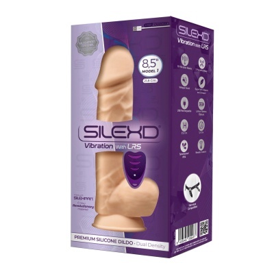 Caixa embalagem roxa para dildo de silicone pele com texto SILEXD Vibration and LRS